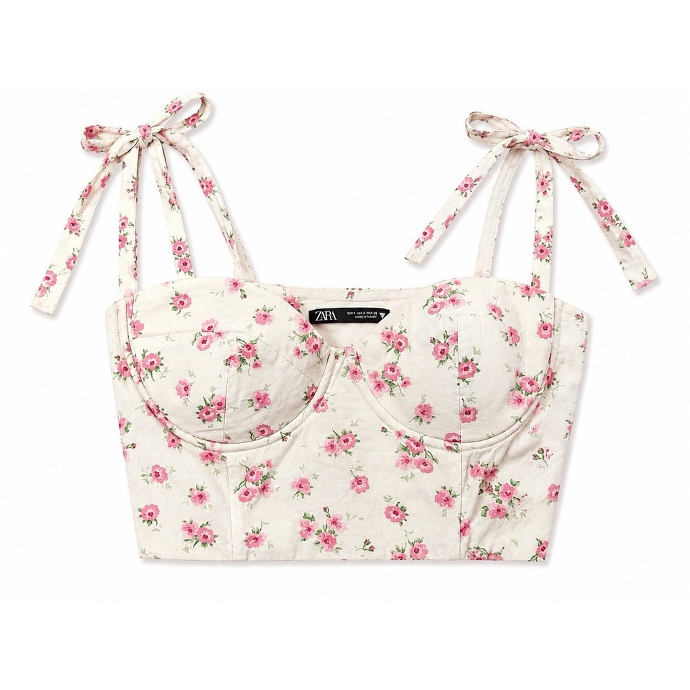 ZARA Women's Size S White & Pink Floral Cropped Coquette Corsetry-Inspired Top